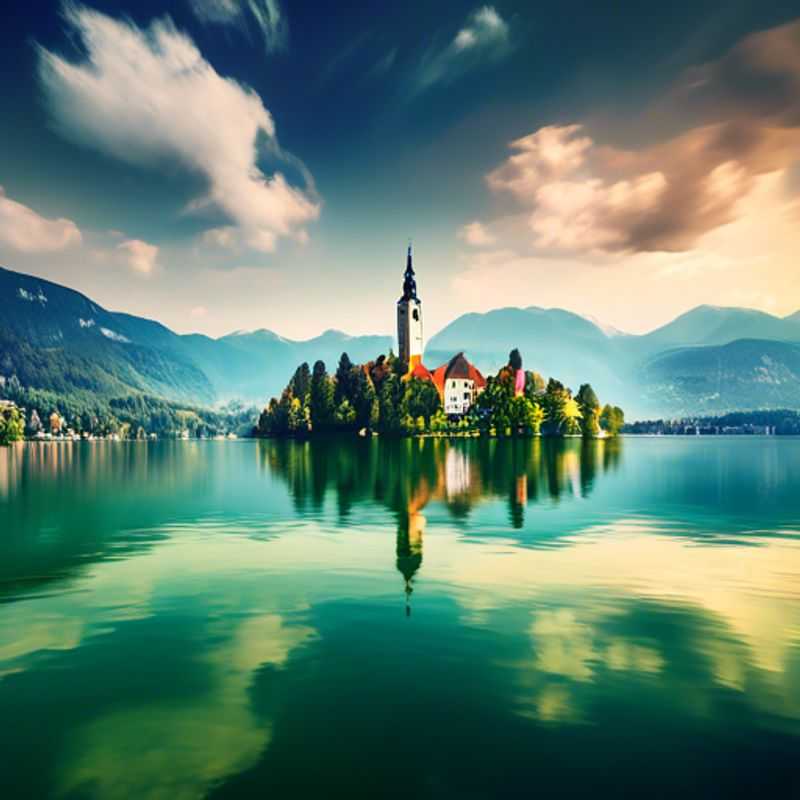 Deux couples, les explorateurs culturels, profitant de la vue imprenable sur le lac de Bled, en Slovénie, pendant leur escapade de 5 jours à la recherche d'un séjour rafraîchissant. Le château médiéval perché sur l'île et les Alpes enneigées en arrière-plan créent une ambiance magique.