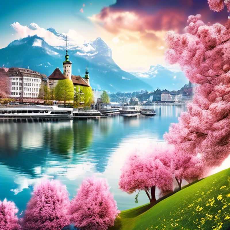 Un voyageur solitaire profitant de la beauté pittoresque de Lucerne, Suisse, au printemps, avec le lac scintillant et les montagnes imposantes en arrière-plan.