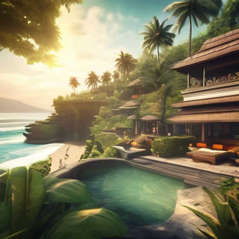 A couple basking in the golden glow of a Balinese sunset, sipping cocktails at a luxurious cliffside villa overlooking the turquoise waters of the Indian Ocean. Their two-week summer escape to Bali promises relaxation and indulgence in the lap of tropical paradise.