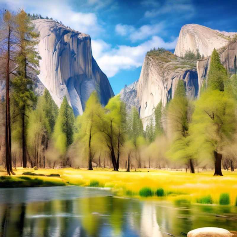 Three adventurous couples stand awestruck before the majestic granite cliffs of Yosemite National Park, USA, their faces illuminated by the warm glow of a setting sun, embarking on a three-week budget-friendly exploration of this natural wonder.