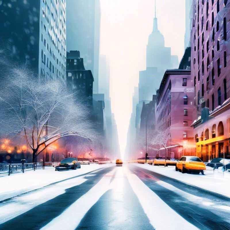 Un voyageur solitaire admirant la majestueuse skyline de New York sous une couverture de neige hivernale, symbole d'opportunités et d'aventures à saisir, lors d'un voyage spontané de 5 jours.