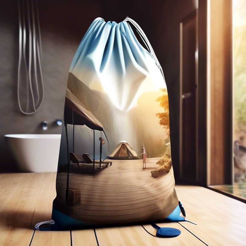 A close-up of a portable shower bag, ready for adventure, with its hanging hook and shower head visible, perfect for outdoor showers or glamping trips.