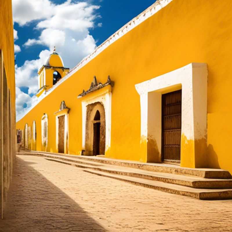 Trois couples d'explorateurs culturels s'émerveillant devant la beauté vibrante d'Izamal, au Mexique, pendant un voyage d'automne de trois semaines. Les bâtiments jaunes dorés et le ciel bleu azur créent un contraste saisissant, reflétant la richesse culturelle et l'histoire de cette ville fascinante.