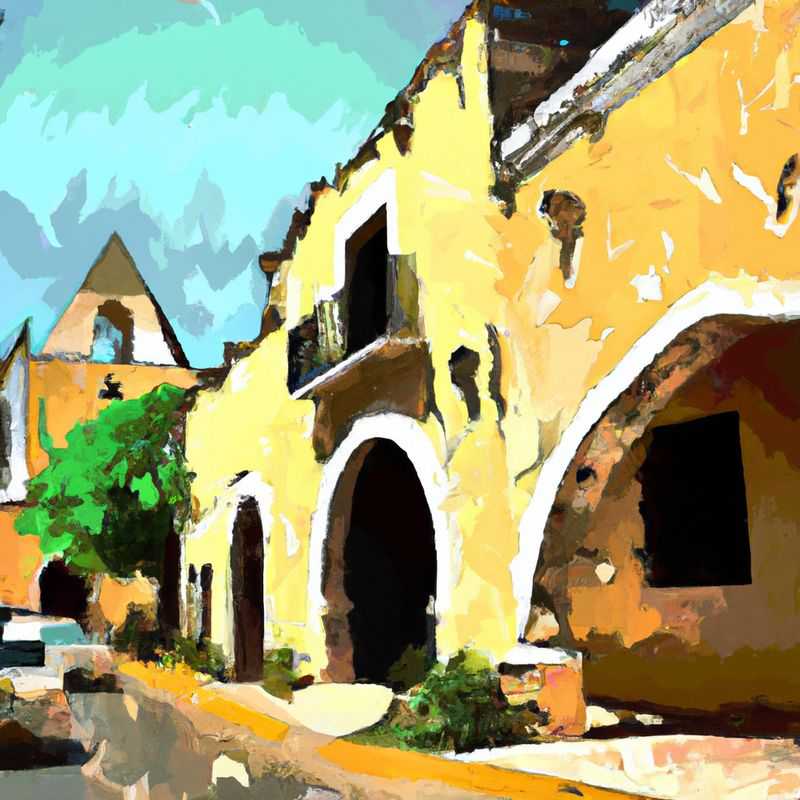 A family with cheerful children explores the vibrant streets of Izamal, Mexico, its buildings painted in a warm golden hue, during their week-long spring vacation, immersing themselves in the town's rich cultural heritage.