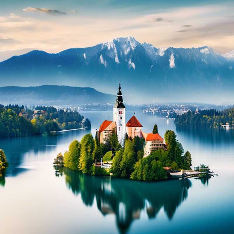 Deux couples, les explorateurs culturels, profitant de la vue imprenable sur le lac de Bled, en Slovénie, pendant leur escapade de 5 jours à la recherche d'un séjour rafraîchissant. Le château médiéval perché sur l'île et les Alpes enneigées en arrière-plan créent une ambiance magique.