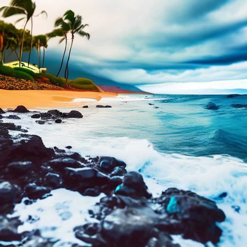 Un couple de voyageurs chevronnés profitant du soleil d'hiver sur les plages de sable blanc de Maui, Hawaii, USA. L'image capture le paysage tropical luxuriant et l'océan turquoise, idéal pour une escapade de trois jours.