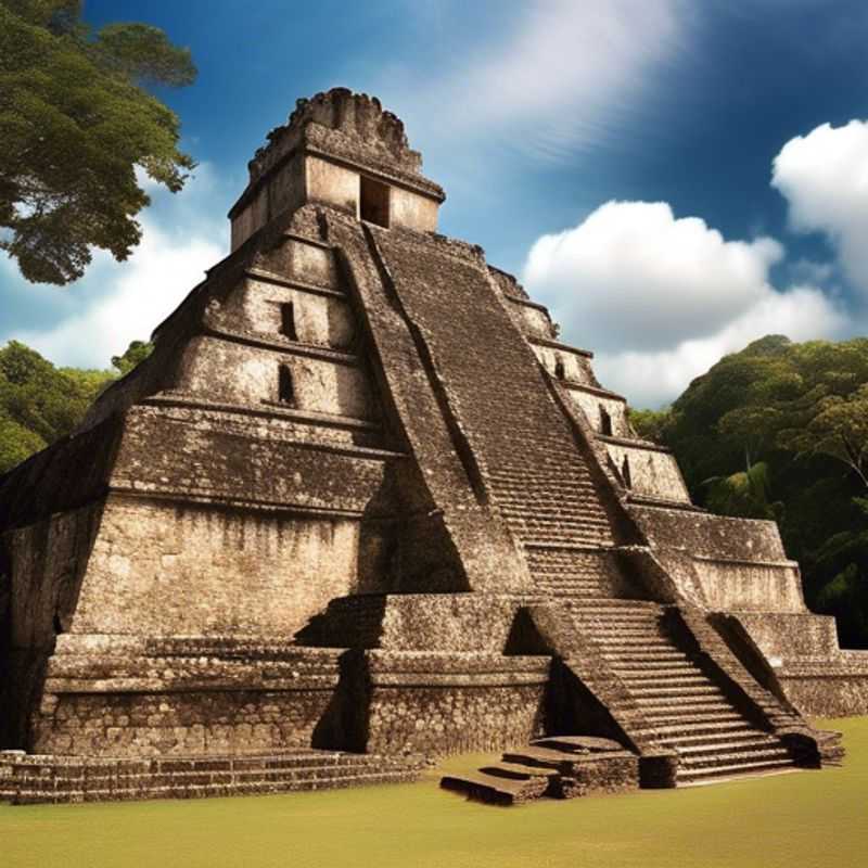 Une famille de voyageurs, dont des enfants, explorant les ruines mayas de Copán au Honduras. Un soleil d'automne illumine les pyramides et les temples, tandis que les enfants s'émerveillent devant les sculptures et les glyphes.