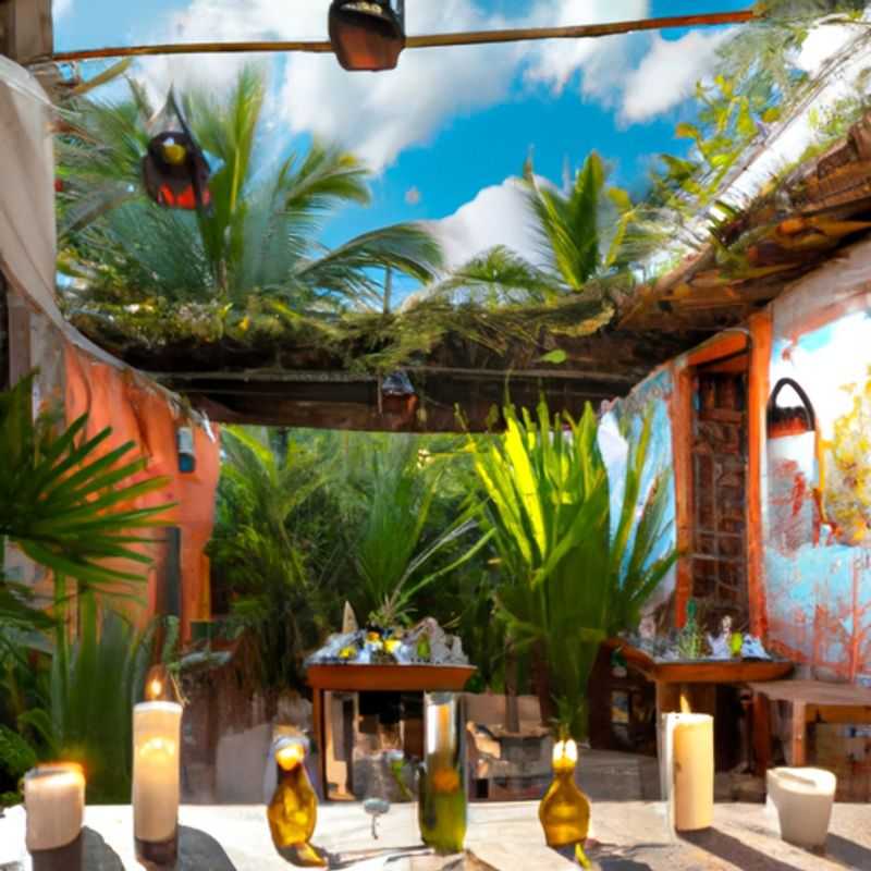 A solo traveler basking in the vibrant glow of Tulum, Mexico's sun-kissed beach, surrounded by lush greenery and the turquoise waters of the Caribbean Sea, during her three-week summer adventure.