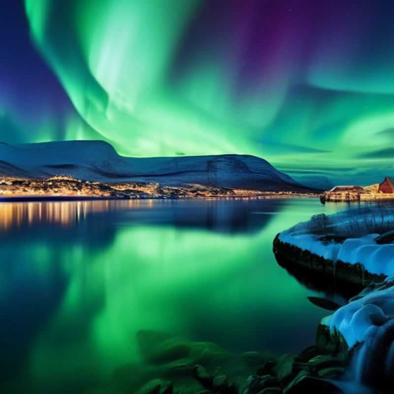 Trois couples, les voyageurs de l'année sabbatique, profitant d'un paysage hivernal à couper le souffle à Tromsø, Norvège, pendant leur séjour de deux semaines. La ville arctique scintillante sous une aurore boréale hypnotique.