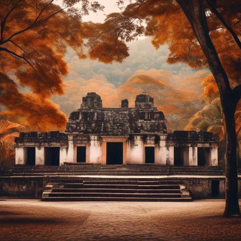 Une famille de voyageurs, dont des enfants, explorant les ruines mayas de Copán au Honduras. Un soleil d'automne illumine les pyramides et les temples, tandis que les enfants s'émerveillent devant les sculptures et les glyphes.