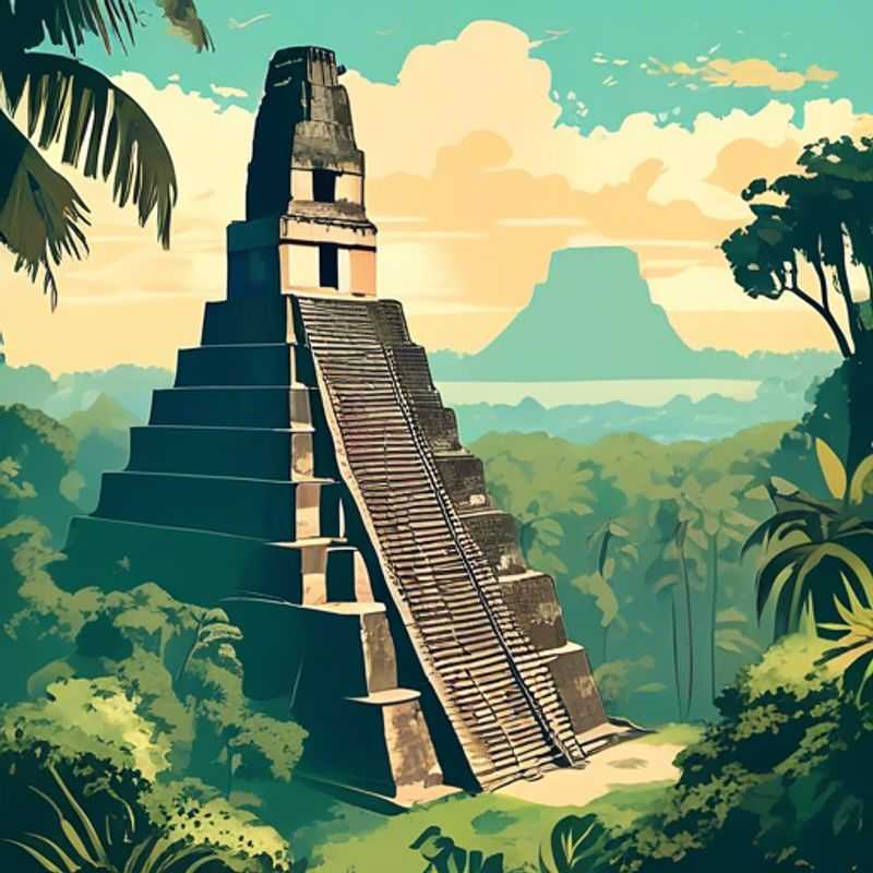 The Group Traveler, three couples united by a thirst for adventure, stand awestruck before the ancient Mayan city of Tikal, Guatemala, bathed in the golden light of a spring sunrise.