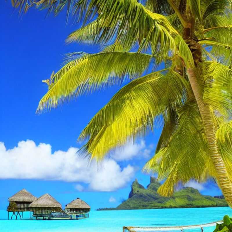 Un paysage paradisiaque de Bora Bora au printemps : eaux turquoise, sable blanc, et végétation luxuriante.