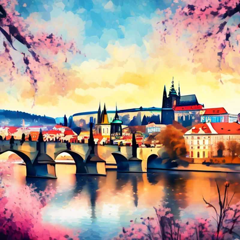 Trois couples profitant de la beauté printanière de Prague, République tchèque, avec le pont Charles en arrière-plan, pour une escapade bien-être de 5 jours.