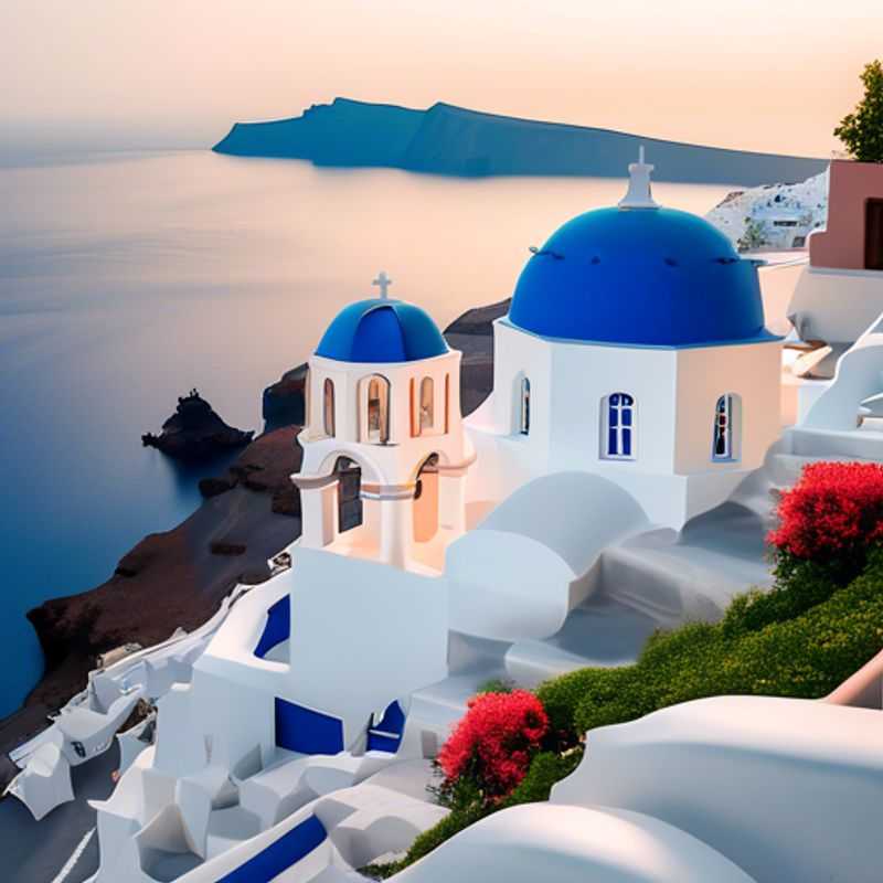 Deux couples d'éco-touristes profitant de la beauté printanière de Santorin, Grèce. Les maisons blanchies à la chaux et les eaux bleues étincelantes créent un paysage paradisiaque.
