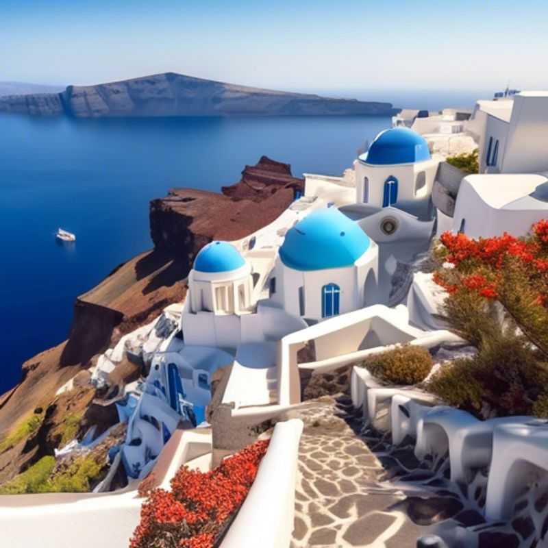Two adventurous couples, the Group Travelers, standing in awe before the iconic white-washed buildings and blue-domed churches of Santorini, Greece, during their 3-week winter exploration of this stunning Mediterranean island.