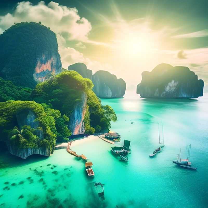 Une famille souriante se tient sur une plage de sable blanc à Ko Phi Phi, en Thaïlande, avec des eaux turquoise scintillantes et des falaises verdoyantes en arrière-plan, profitant d'un séjour estival inoubliable.