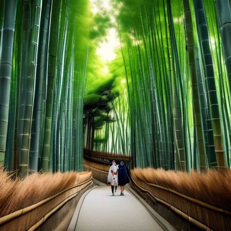 A couple strolling through the serene bamboo forest of Arashiyama, Kyoto, Japan, embracing the tranquility of nature and experiencing the cultural richness of this eco-conscious destination.