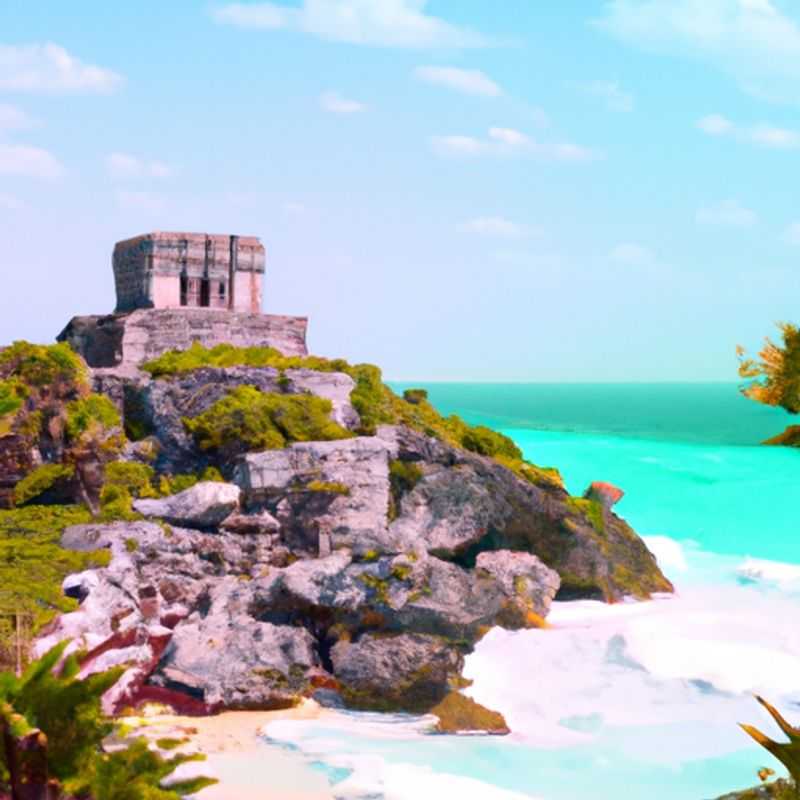 A couple strolling hand-in-hand along the pristine sands of Tulum, Mexico, surrounded by the turquoise waters of the Caribbean Sea and lush tropical greenery, on their 5-day summer adventure.