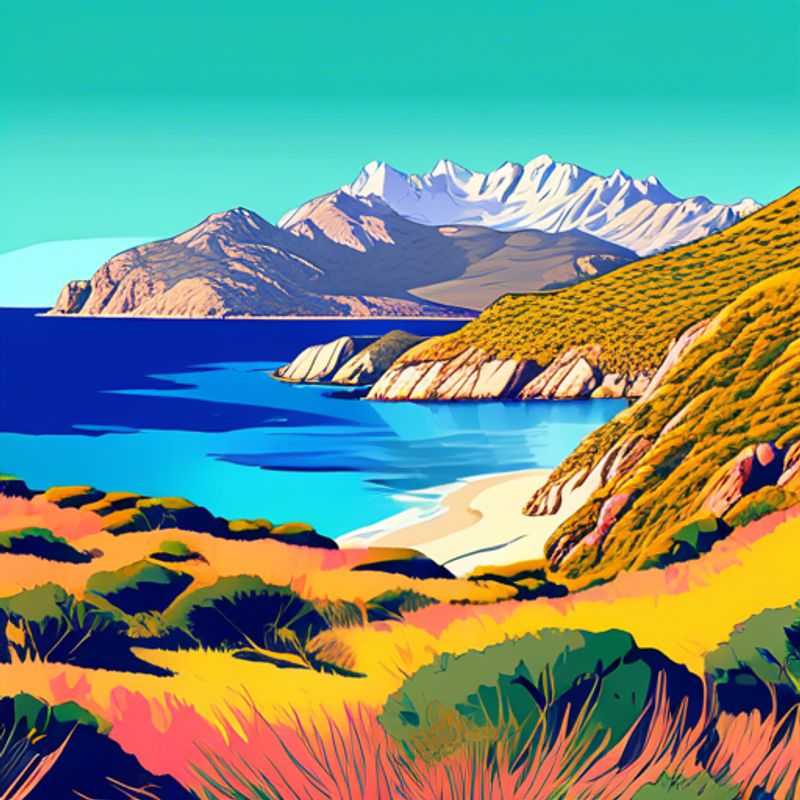A dramatic, windswept vista of Scandola Nature Reserve in Corsica, France, showcasing rugged cliffs, turquoise waters, and a lone hiker exploring the wild beauty of this winter wonderland.