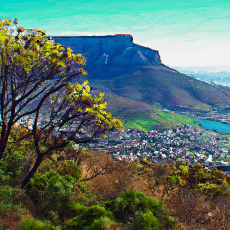 A solo traveler takes in the breathtaking panorama of Table Mountain, a majestic natural wonder, against the vibrant backdrop of Cape Town, South Africa, during an adventurous 4-day summer exploration.