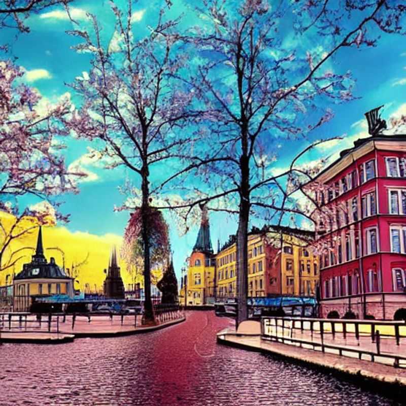 Stockholm au printemps : bâtiments colorés reflétés dans l'eau scintillante, ambiance printanière.