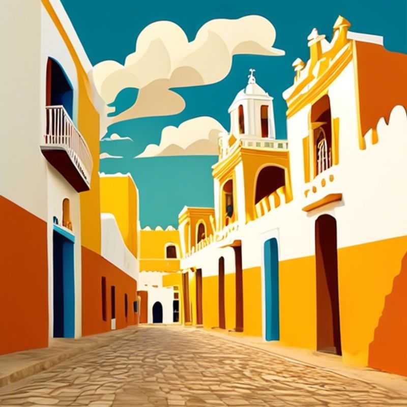 Trois couples d'explorateurs culturels s'émerveillant devant la beauté vibrante d'Izamal, au Mexique, pendant un voyage d'automne de trois semaines. Les bâtiments jaunes dorés et le ciel bleu azur créent un contraste saisissant, reflétant la richesse culturelle et l'histoire de cette ville fascinante.