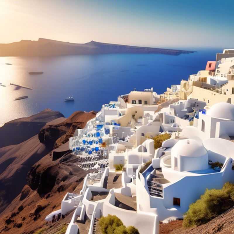 Deux couples d'éco-touristes profitant de la beauté printanière de Santorin, Grèce. Les maisons blanchies à la chaux et les eaux bleues étincelantes créent un paysage paradisiaque.