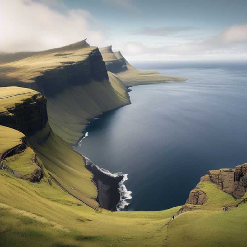 Un voyageur en quête de bien-être se ressource dans la beauté sauvage des îles Féroé. Des falaises abruptes et des cascades impressionnantes se reflètent dans l'eau turquoise, créant un paysage à couper le souffle.