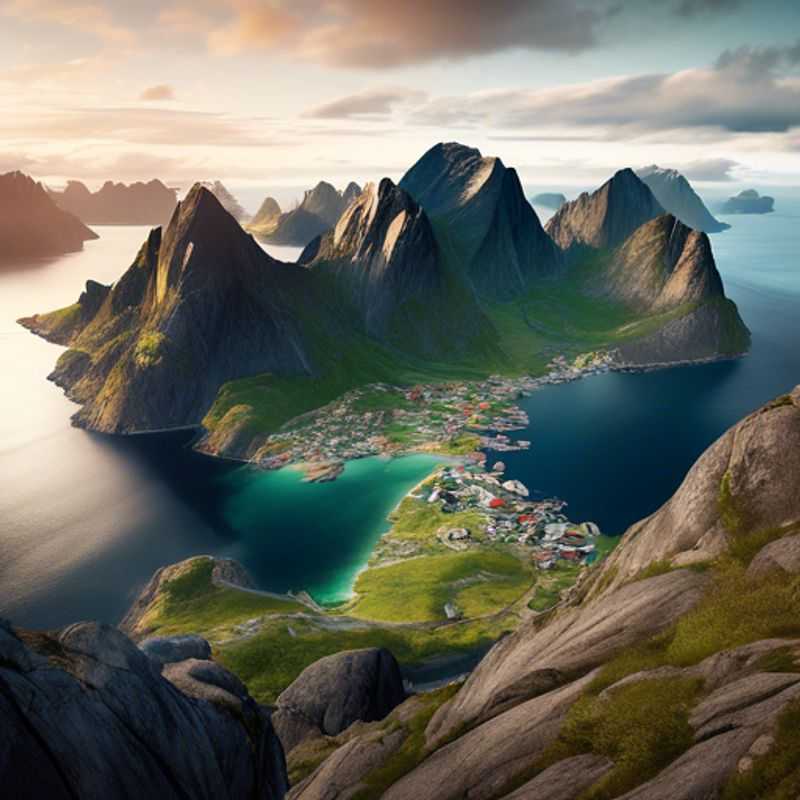 Un voyageur solitaire admire les paysages à couper le souffle des îles Lofoten, en Norvège, pendant une escapade de 5 jours, où les montagnes imposantes rencontrent la mer turquoise et le ciel dégagé.
