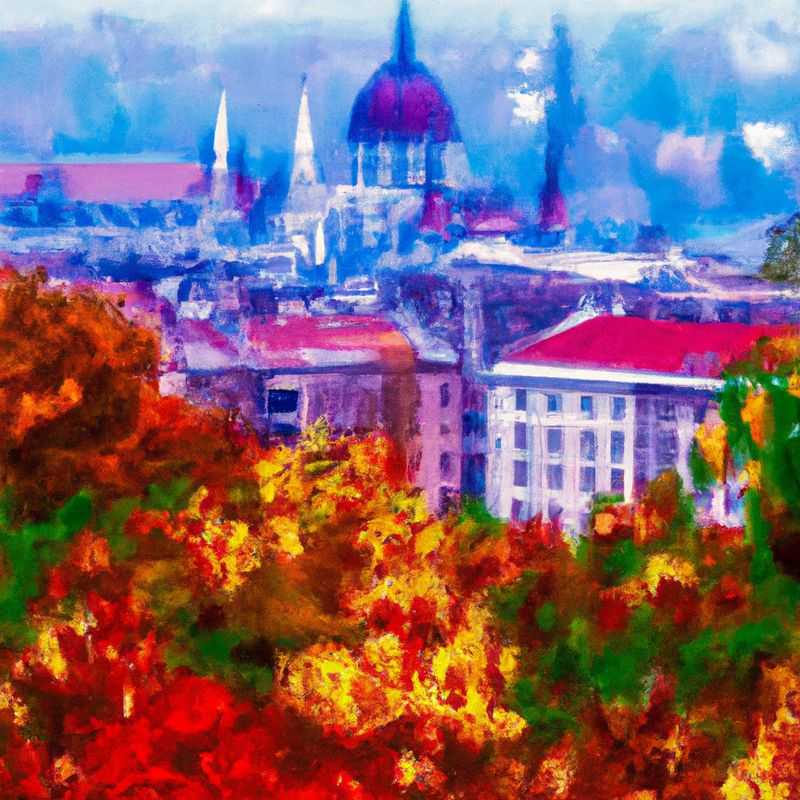 Three couples embarking on an autumnal adventure in Budapest, Hungary, marveling at the iconic Hungarian Parliament Building adorned in vibrant fall foliage, promising a week-long exploration of the city's rich history and captivating charm.