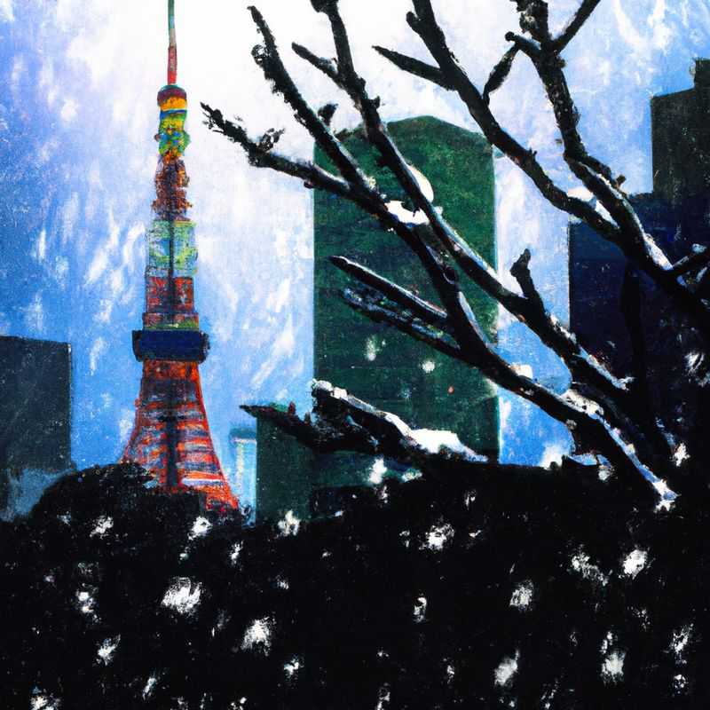 A lone traveler, bundled against the winter chill, stands amidst the vibrant cityscape of Tokyo, Japan. The iconic Tokyo Tower rises majestically in the distance, a symbol of the city's blend of tradition and modernity. The traveler's gaze is lost in the neon lights and towering skyscrapers, hinting at the countless adventures and discoveries that await during their 3-week winter sojourn.
