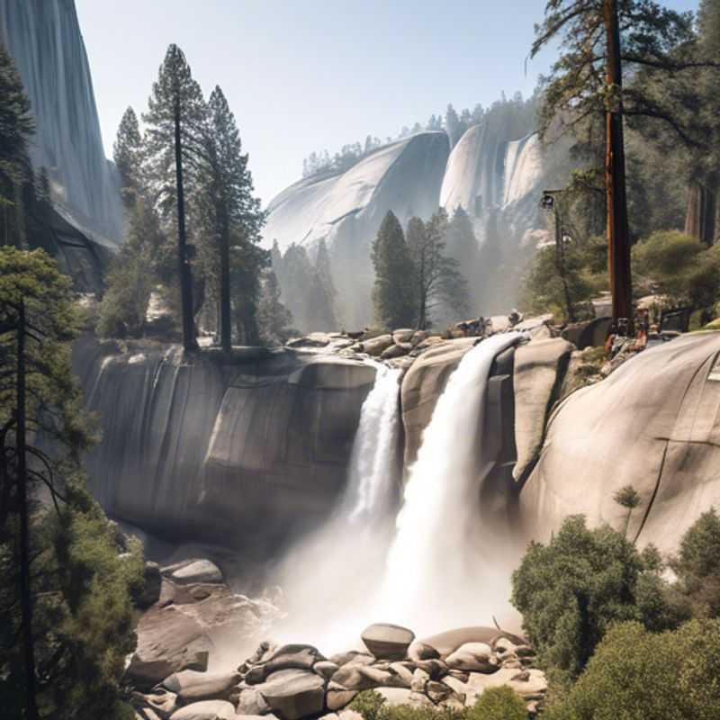 Three adventurous couples stand awestruck before the majestic granite cliffs of Yosemite National Park, USA, their faces illuminated by the warm glow of a setting sun, embarking on a three-week budget-friendly exploration of this natural wonder.