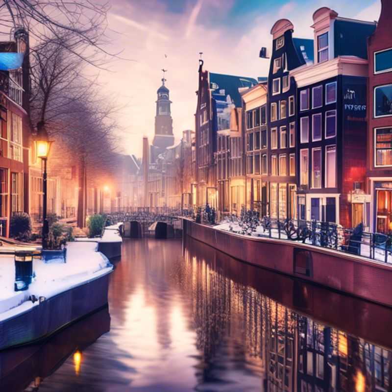 A solo traveler, bundled up in warm winter attire, strolls along a charming canal in Amsterdam, Netherlands, surrounded by the picturesque beauty of historic buildings and glistening water, on their 5-day winter escape.
