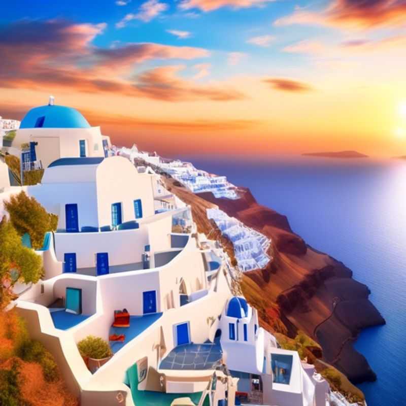 Two adventurous couples, the Group Travelers, standing in awe before the iconic white-washed buildings and blue-domed churches of Santorini, Greece, during their 3-week winter exploration of this stunning Mediterranean island.